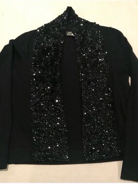 Vintage J. Crew Black Open-Front Cardigan with Sequin Trim. Merino wool and silk